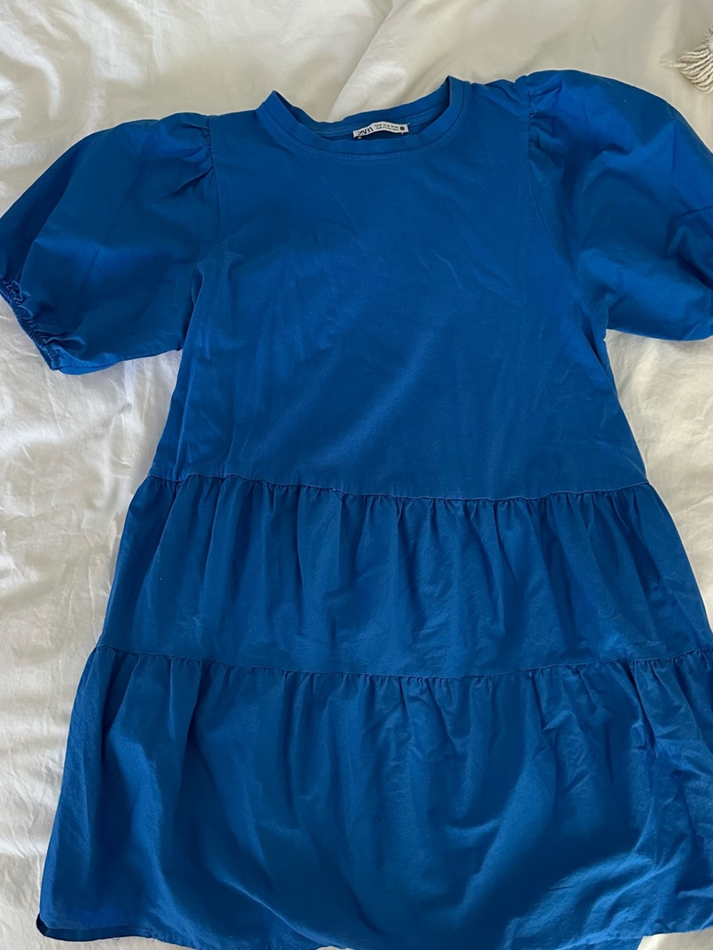 Zara Cobalt Blue Puff-Sleeve Tiered Mini Dress